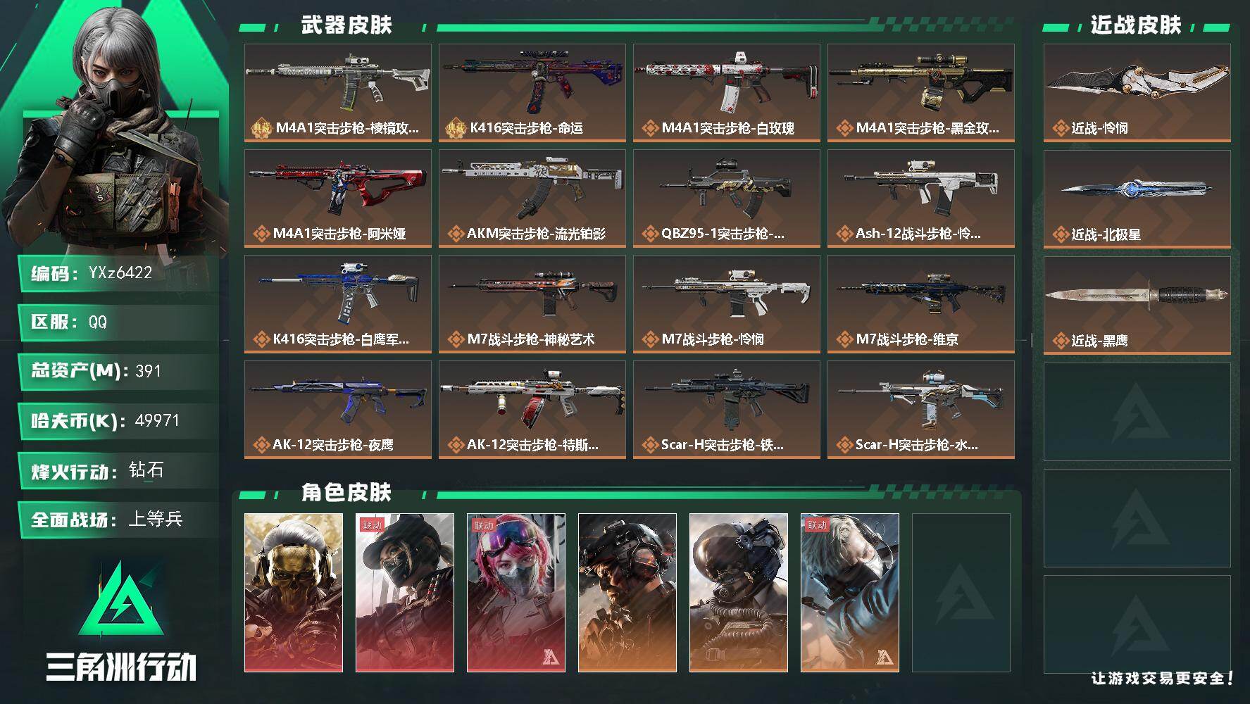 三角洲行动账号QQ【高氪金土豪号-三红皮+双刀皮+二典藏皮肤+铁面判官】【北极星.怜悯.蚀金玫瑰.能天使.黑天际线】【