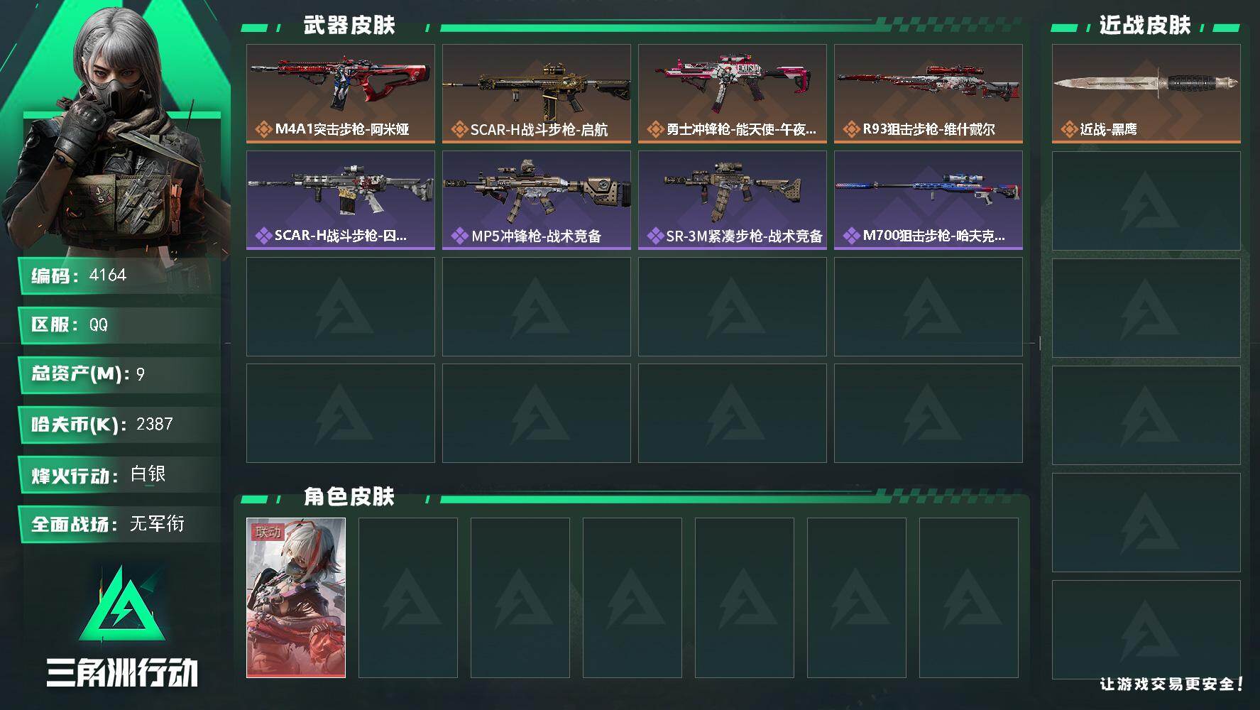 三角洲行动账号QQ总资产(M)：9M/哈夫币(K)：2387K/哈夫币(K)：2387K/传说枪皮数：4/全面战场等级