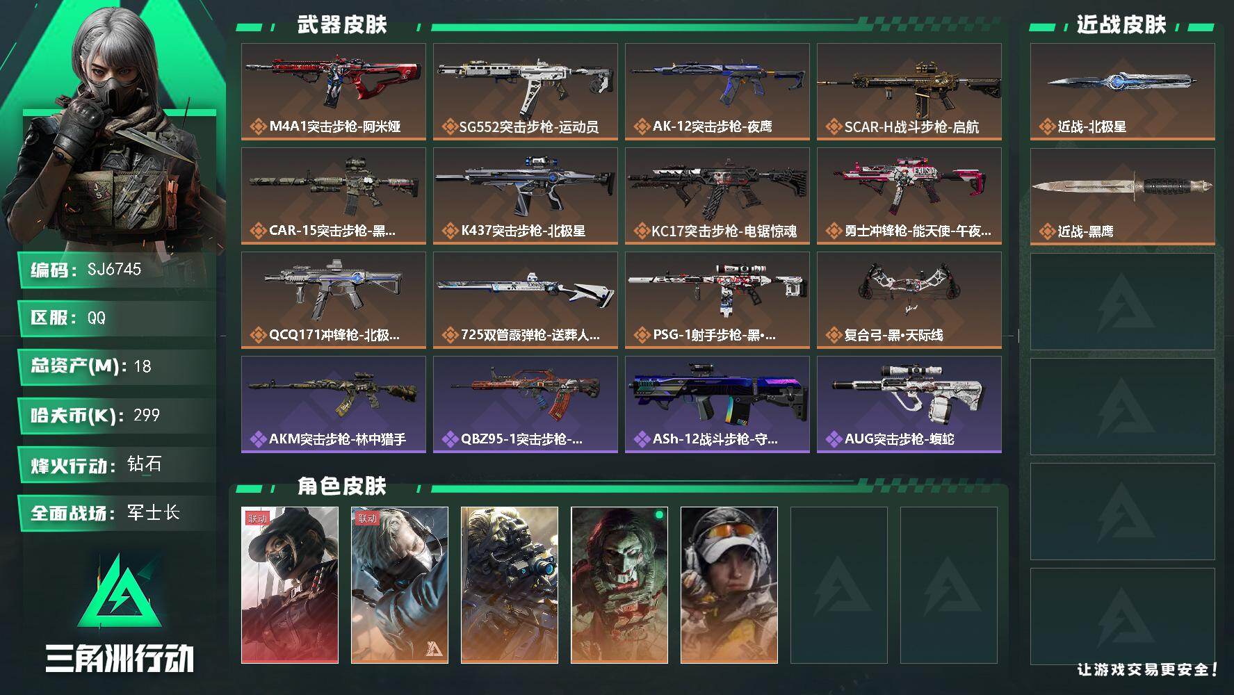 三角洲行动账号QQ【SJ6745】总资产(M)：18M/哈夫币(K)：299K/哈夫币(K)：299K/传说枪皮数：12/全面战场等级：28_段位：军士长/烽火地带等级：60_段位：钻石/露娜-黑·天际线/蜂医-送葬