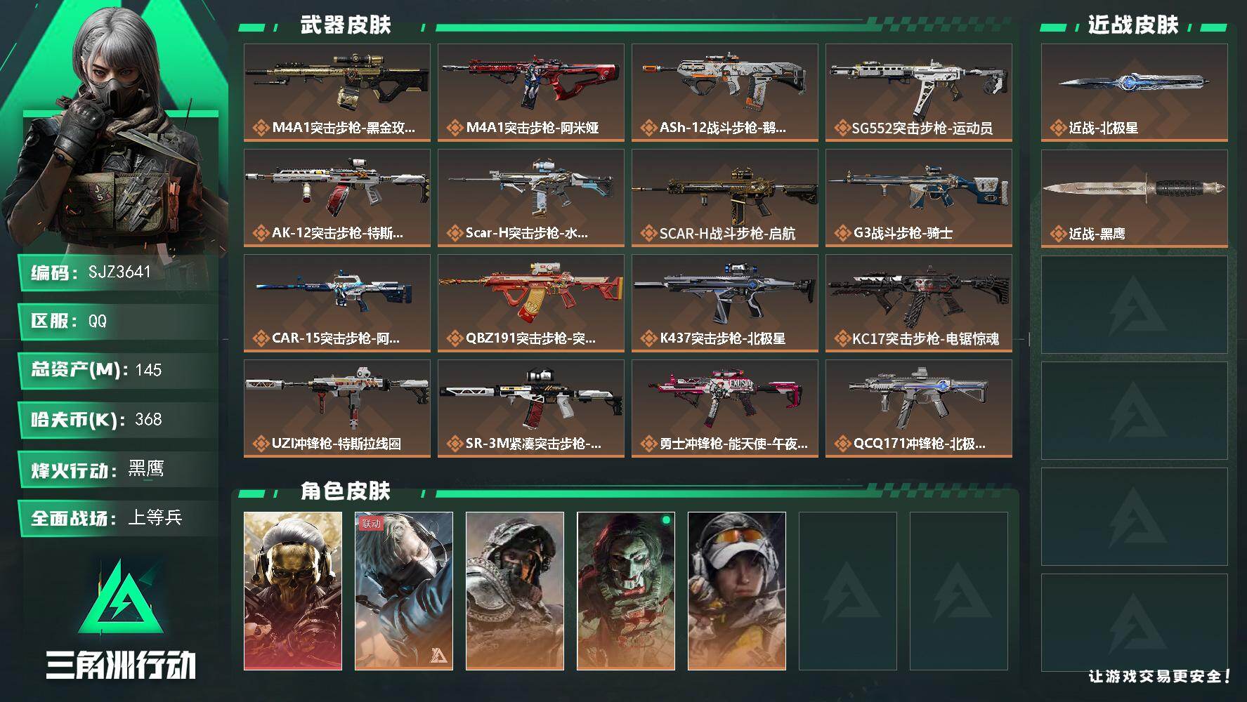 三角洲行动账号QQ【SJZ3641】总资产(M)：145M/哈夫币(K)：368K/哈夫币(K)：368K/传说枪皮数：24/全面战场等级：30_段位：上等兵/烽火地带等级：60_段位：黑鹰/红狼-蚀金玫瑰/蜂医-送