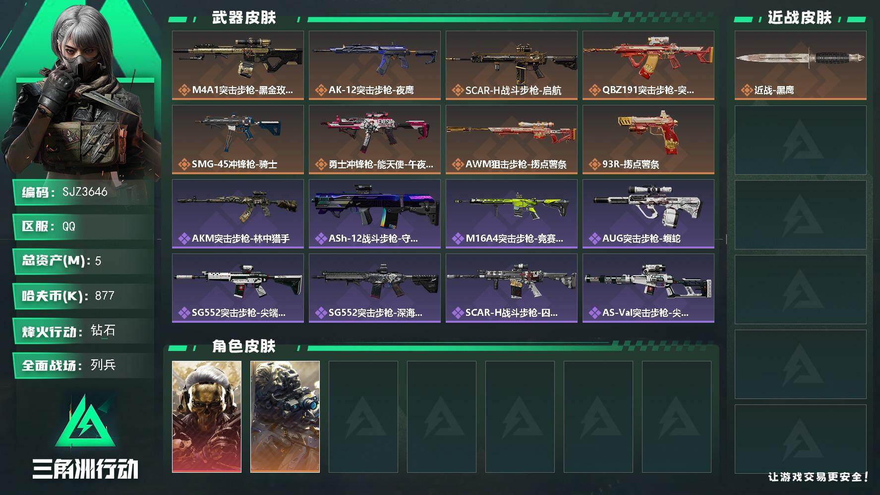 三角洲行动账号QQ【SJZ3646】总资产(M)：5M/哈夫币(K)：877K/哈夫币(K)：877K/传说枪皮数：8/全面战场等级：17_段位：列兵/烽火地带等级：59_段位：钻石/红狼-蚀金玫瑰/无名-夜鹰/近战