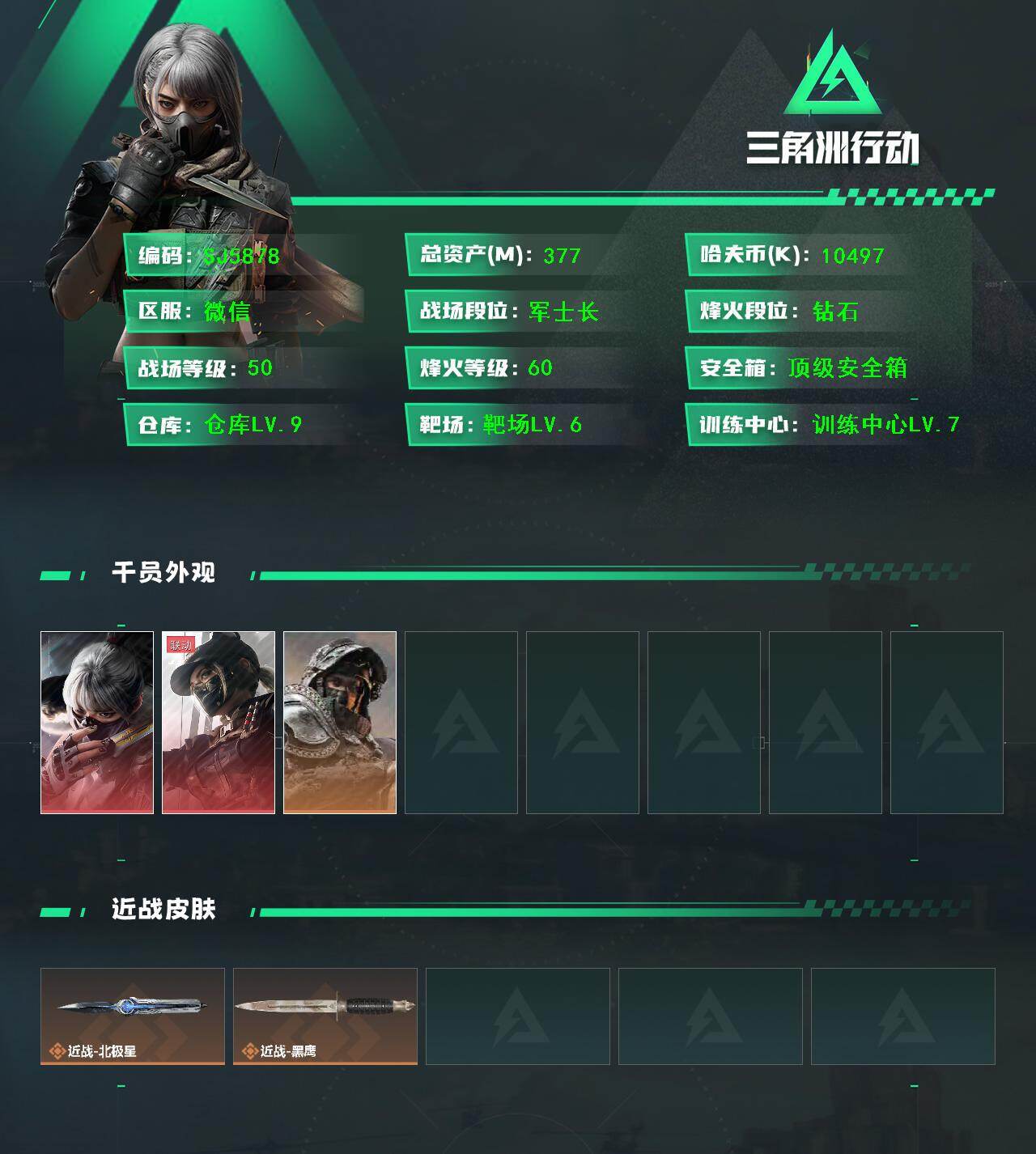 三角洲行动账号VX【SJ5878】总资产(M)：377M/哈夫币(K)：10497K/哈夫币(K)：10497K/全面战场等级：50_段位：军士长/烽火地带等级：60_段位：钻石/露娜-黑·天际线/骇爪-水墨云图/深