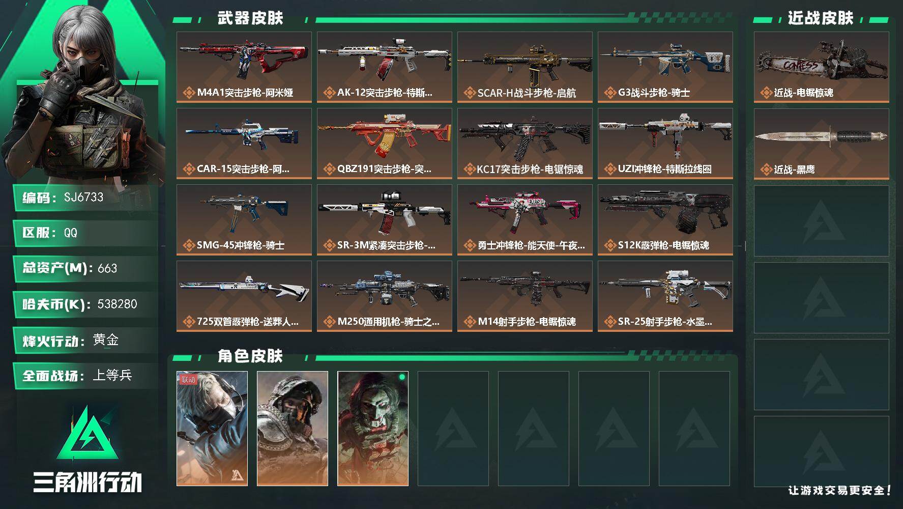 三角洲行动账号QQ【SJ6733】总资产(M)：663M/哈夫币(K)：538280K/哈夫币(K)：538280K/传说枪皮数：19/全面战场等级：37_段位：上等兵/烽火地带等级：60_段位：黄金/蜂医-送葬人·