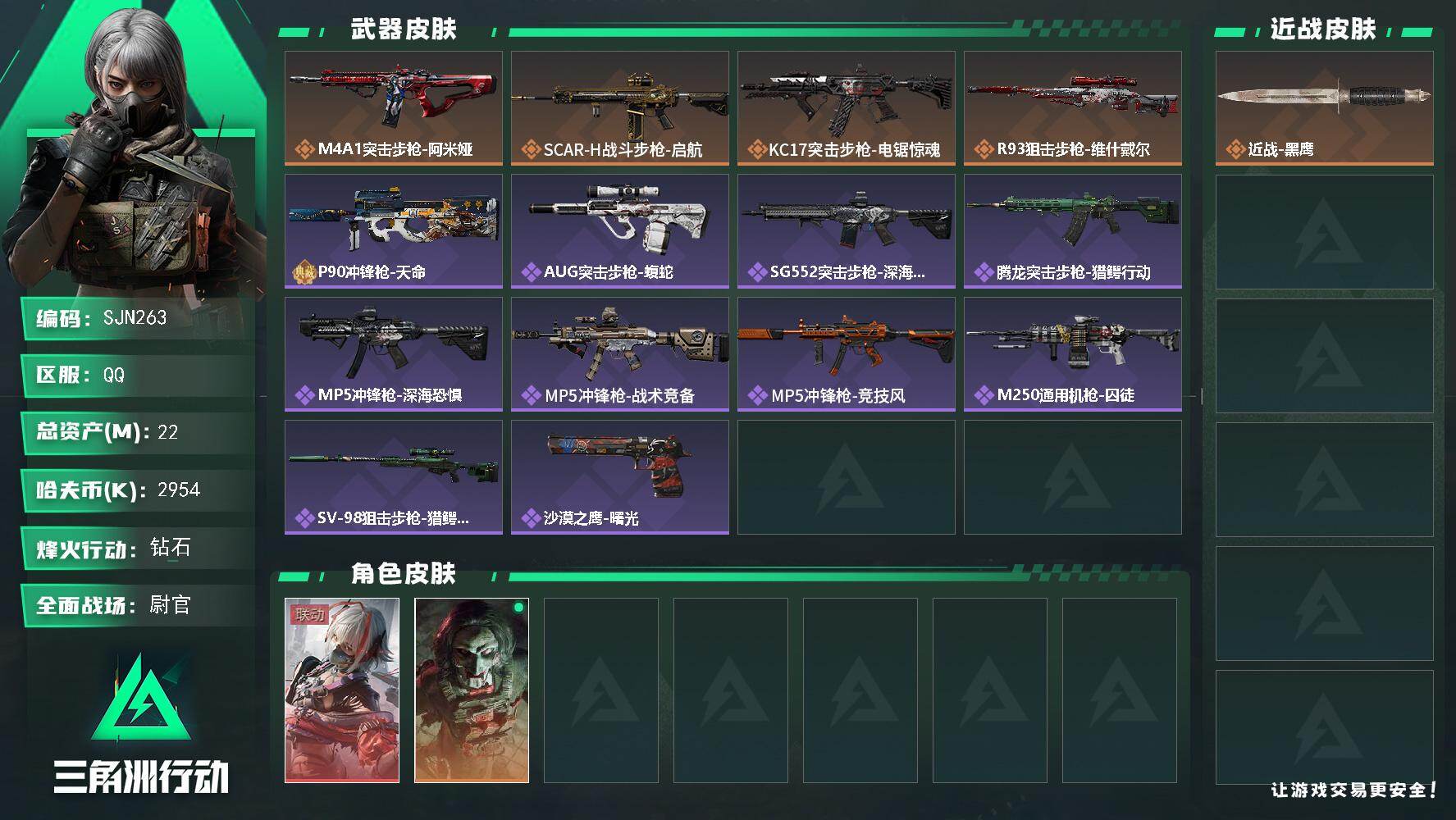 三角洲行动账号QQ【SJN263】总资产(M)：22M/哈夫币(K)：2954K/哈夫币(K)：2954K/传说枪皮数：4/全面战场等级：35_段位：尉官/烽火地带等级：51_段位：钻石/骇爪-维什戴尔/红狼-电锯惊