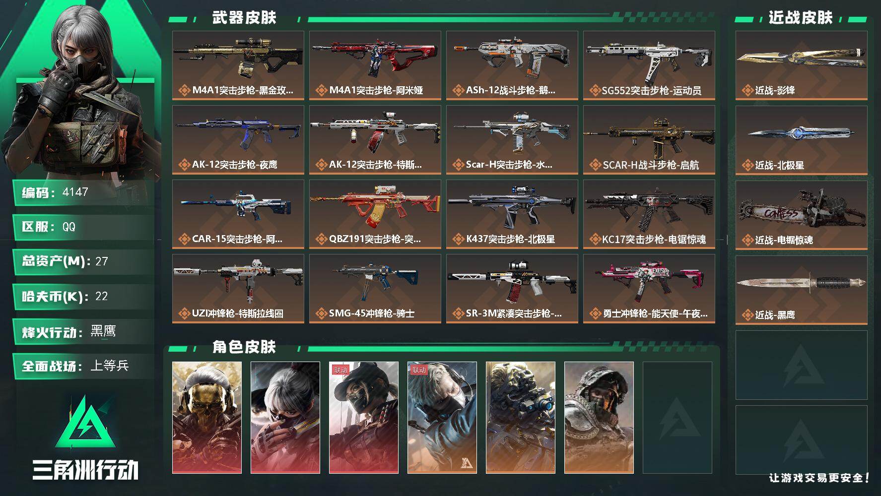 三角洲行动账号QQ总资产(M)：27M/哈夫币(K)：22K/哈夫币(K)：22K/传说枪皮数：26/全面战场等级：2