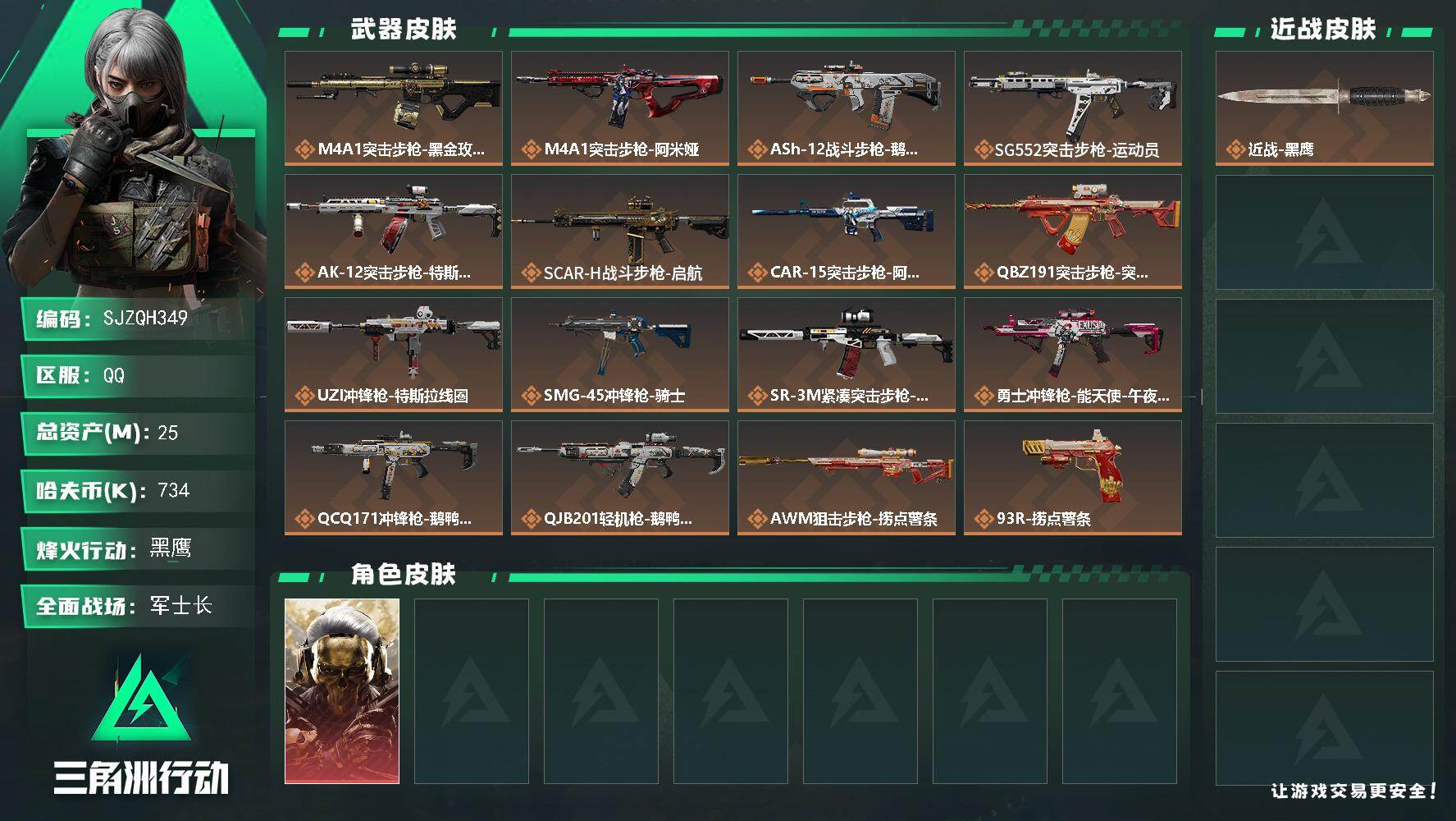 三角洲行动账号QQ【SJZQH349】总资产(M)：25M/哈夫币(K)：734K/哈夫币(K)：734K/传说枪皮数
