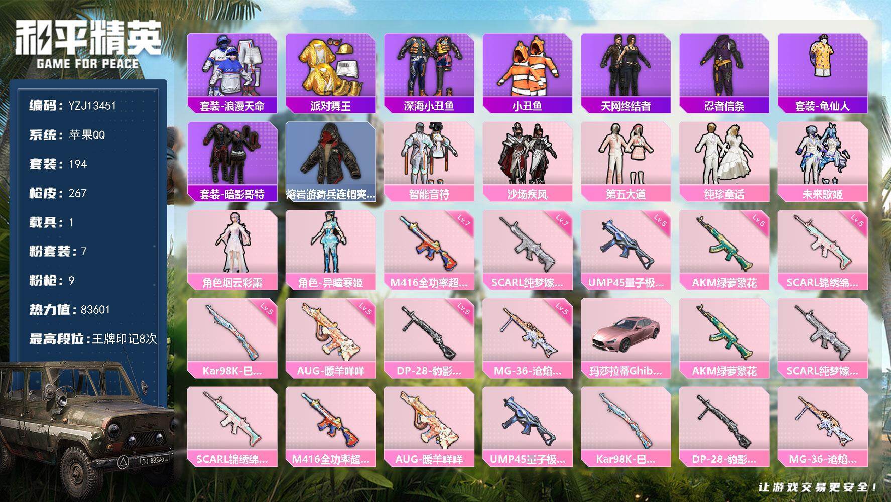 和平精英账号苹果QQ1载具-194套装-267枪皮-YZJ13451-可二次 苹果Q-4稀有1载具7粉装9特效枪20热门