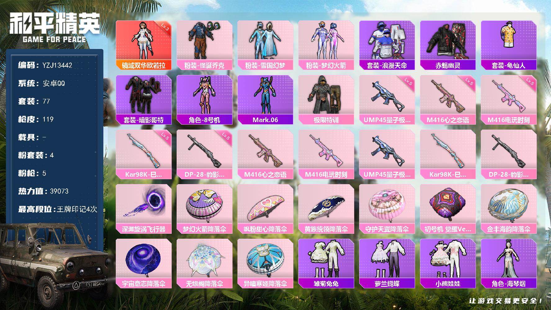 和平精英账号安卓QQYZJ13442-可二次 安卓Q-1红装2稀有4粉装5特效枪9热门77套装118枪皮 38943热力