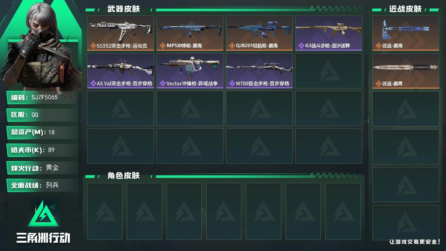 三角洲行动账号QQ【SJZF5065】总资产(M)：18M/哈夫币(K)：89K/哈夫币(K)：89K/传说枪皮数：3