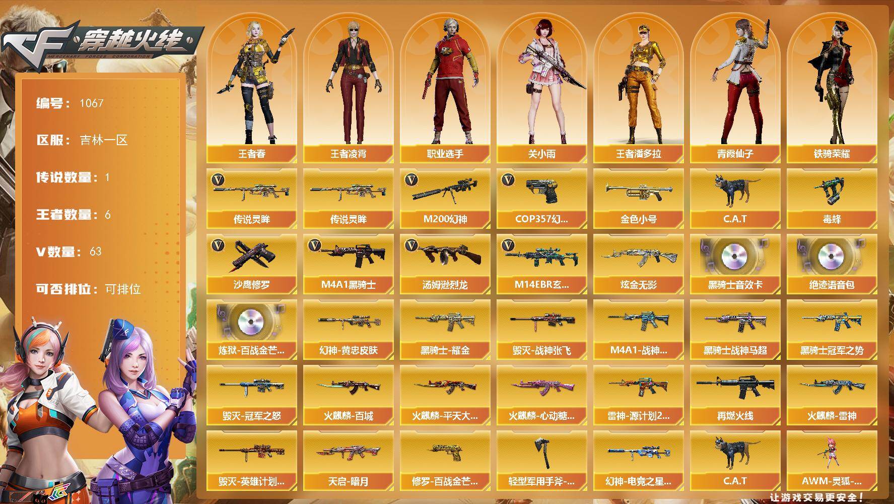 穿越火线账号北部战区吉林一区吉林一区-63V-6王者-1炫金
【传说武器】：传说灵眸
【热门武器】：传说灵眸，M14EBR-玄武