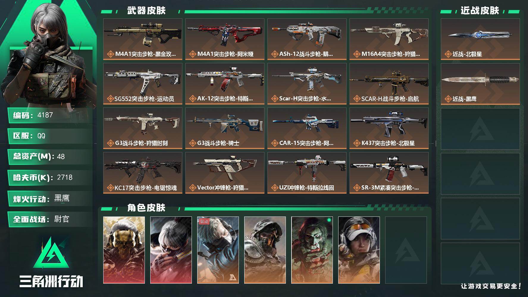 三角洲行动账号QQ总资产(M)：48M/哈夫币(K)：2718K/哈夫币(K)：2718K/传说枪皮数：23/全面战场