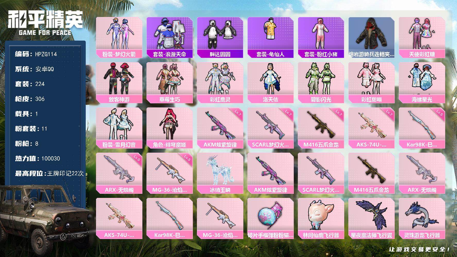 和平精英账号安卓QQ【ZG114】224套装/枪械8/装备425/载具1/战备211/王牌印记22/热力值100030/