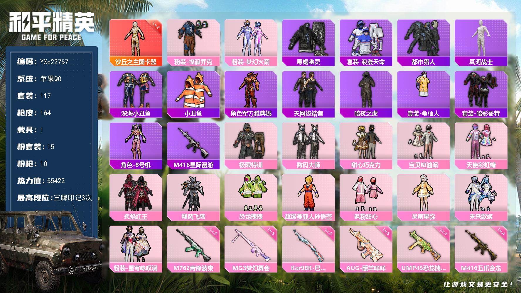 和平精英账号苹果QQ1载具-117套装-164枪皮-【男神素材号 地铁满天赋 图卡盟 木乃伊 寒蝎 都市 天网 小丑 巧