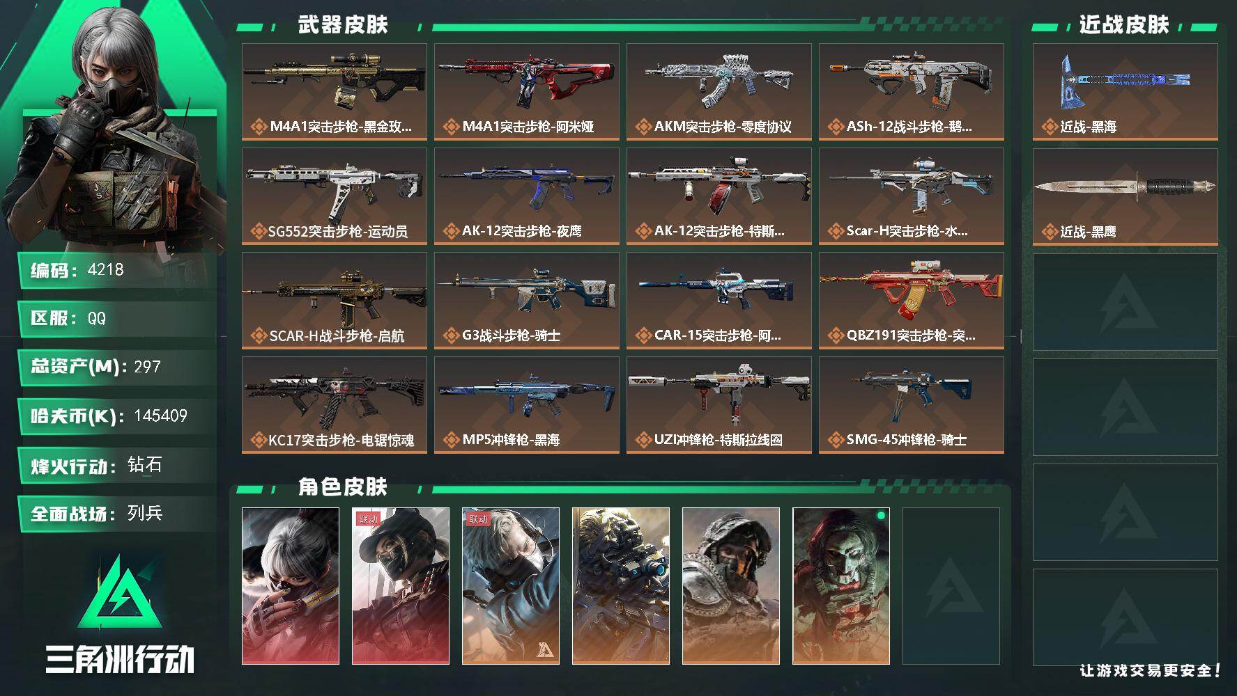 三角洲行动账号QQ总资产(M)：297M/哈夫币(K)：K/哈夫币(K)：K/传说枪皮数：26/全面战场等级：23_段