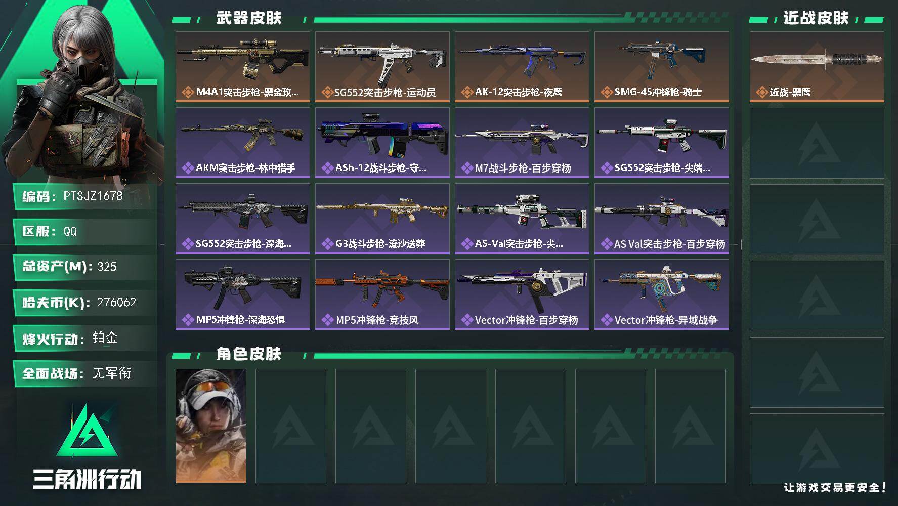三角洲行动账号QQ【PTSJZ1678】总资产(M)：325M/哈夫币(K)：276062K/哈夫币(K)：27606