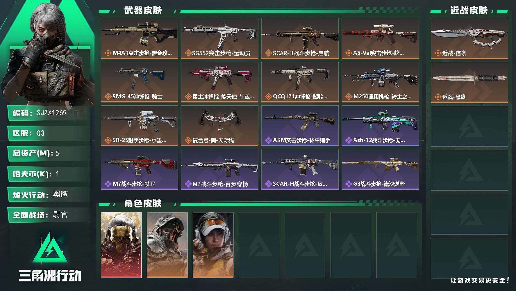 三角洲行动账号QQ【SJZX1269】总资产(M)：5M/哈夫币(K)：1K/哈夫币(K)：1K/传说枪皮数：10/全
