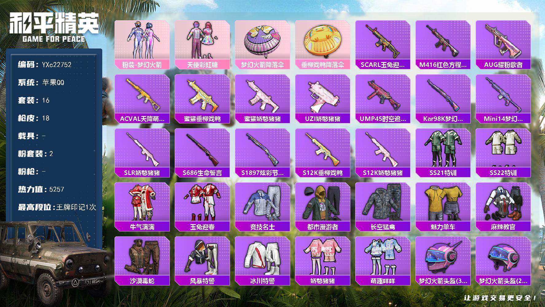 和平精英账号苹果QQ0载具-16套装-18枪皮-YXc22752-【可二次】【因赛季更新游戏段付以上号为准!】
 苹果Q