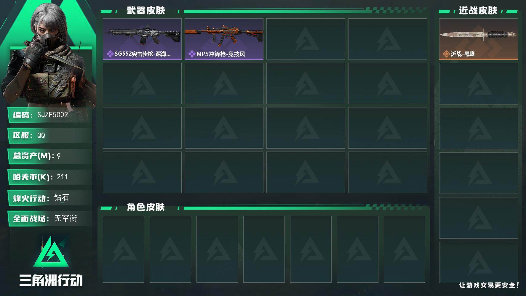 三角洲行动账号QQ【SJZF5002】总资产(M)：9M/哈夫币(K)：211K/哈夫币(K)：211K/全面战场等级：1_段位：无段位/烽火地带等级：56_段位：钻石/近战-黑鹰/SG552突击步枪-深海恐惧/MP