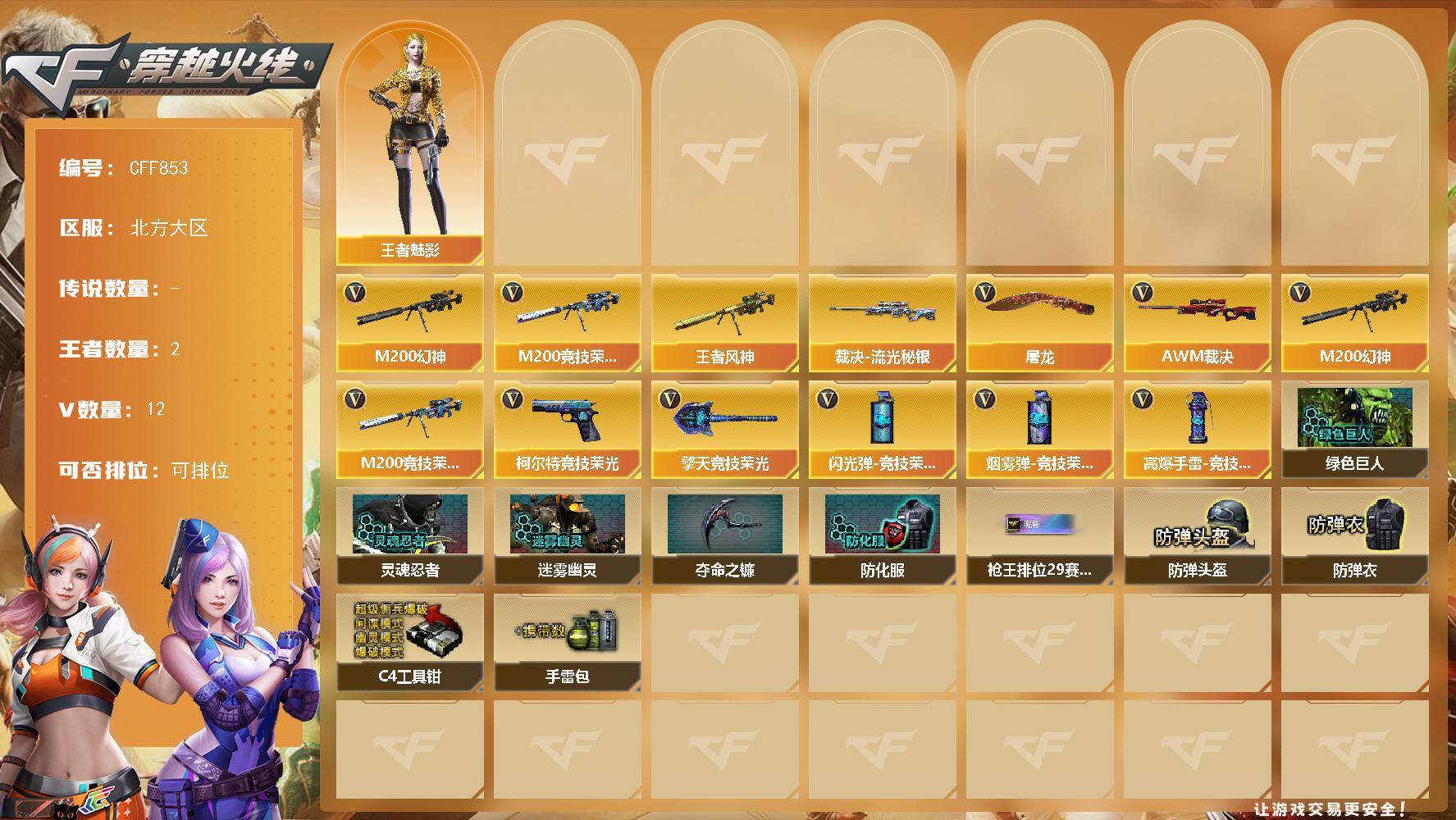 穿越火线账号北部战区【CFF853】12V/33级/尉官/2王者/M200-幻神/M200-竞技荣光/王者风神/裁决-流