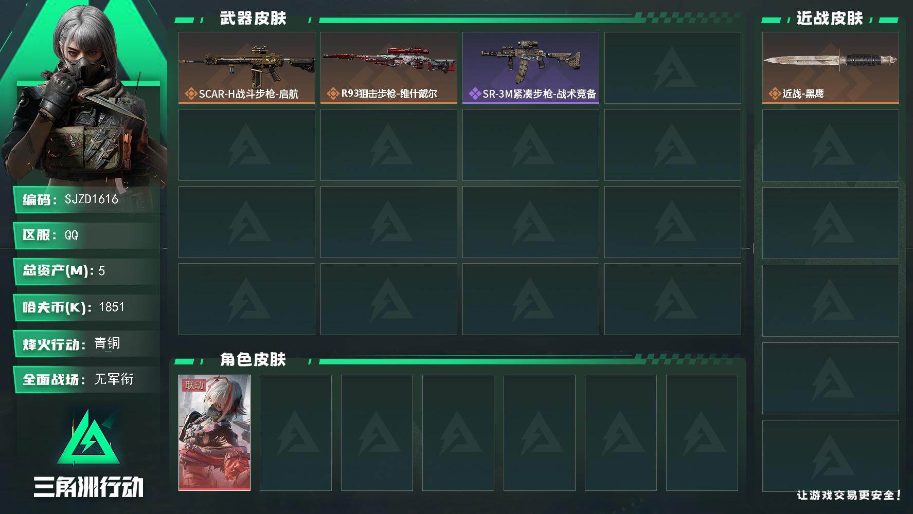 三角洲行动账号QQ【SJZD1616】总资产(M)：5M/哈夫币(K)：1851K/哈夫币(K)：1851K/传说枪皮数：2/全面战场等级：1_段位：无段位/烽火地带等级：21_段位：青铜/骇爪-维什戴尔/近战-黑鹰