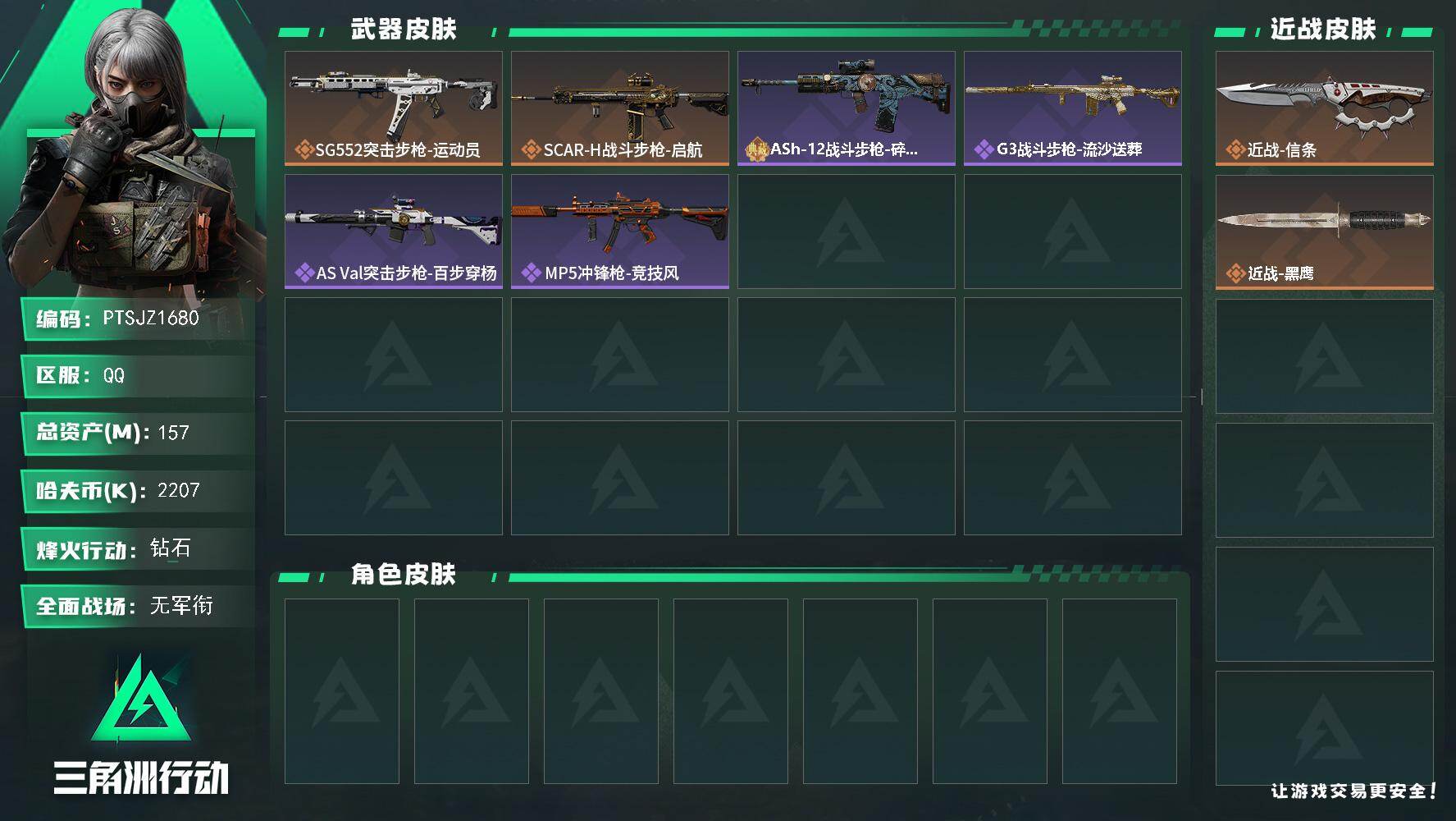 三角洲行动账号QQ【PTSJZ1680】总资产(M)：157M/哈夫币(K)：2207K/哈夫币(K)：2207K/传