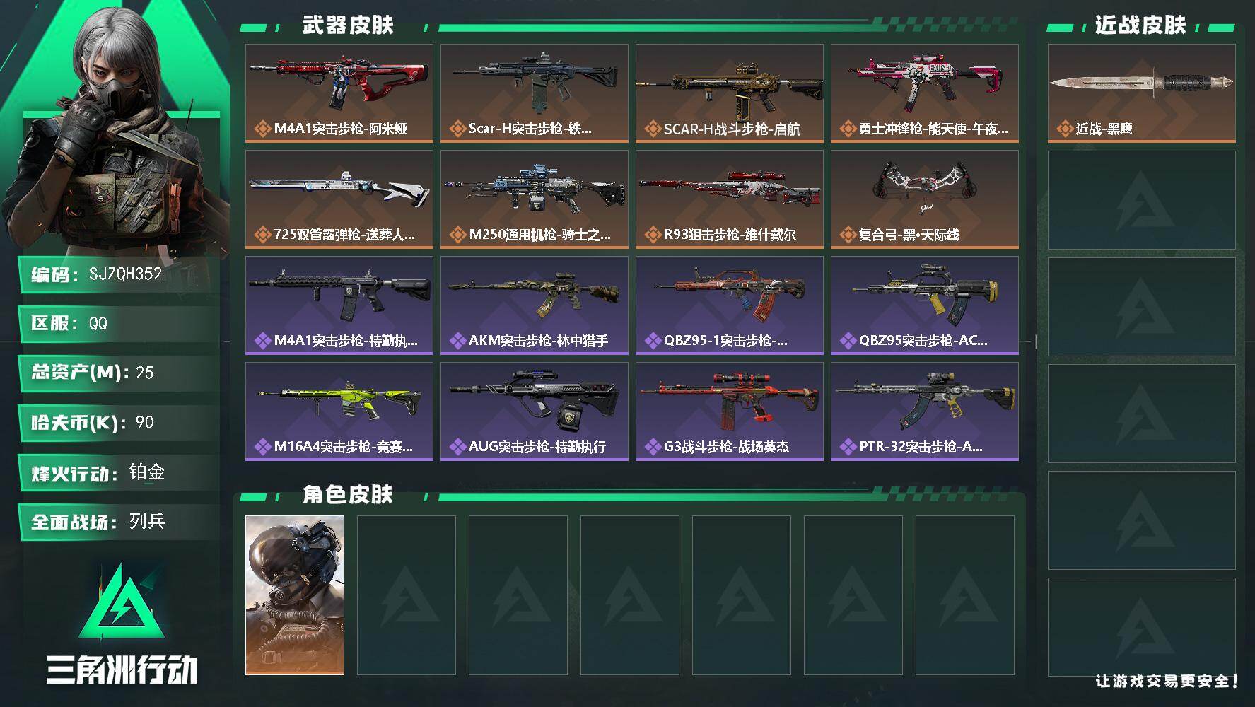 三角洲行动账号QQ【SJZQH352】总资产(M)：25M/哈夫币(K)：90K/哈夫币(K)：90K/传说枪皮数：8