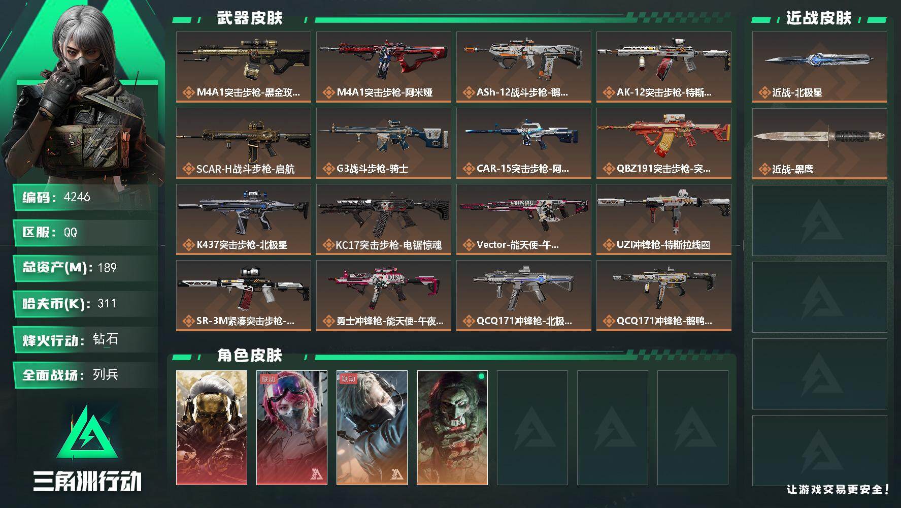 三角洲行动账号QQ总资产(M)：189M/哈夫币(K)：311K/哈夫币(K)：311K/传说枪皮数：21/全面战场等