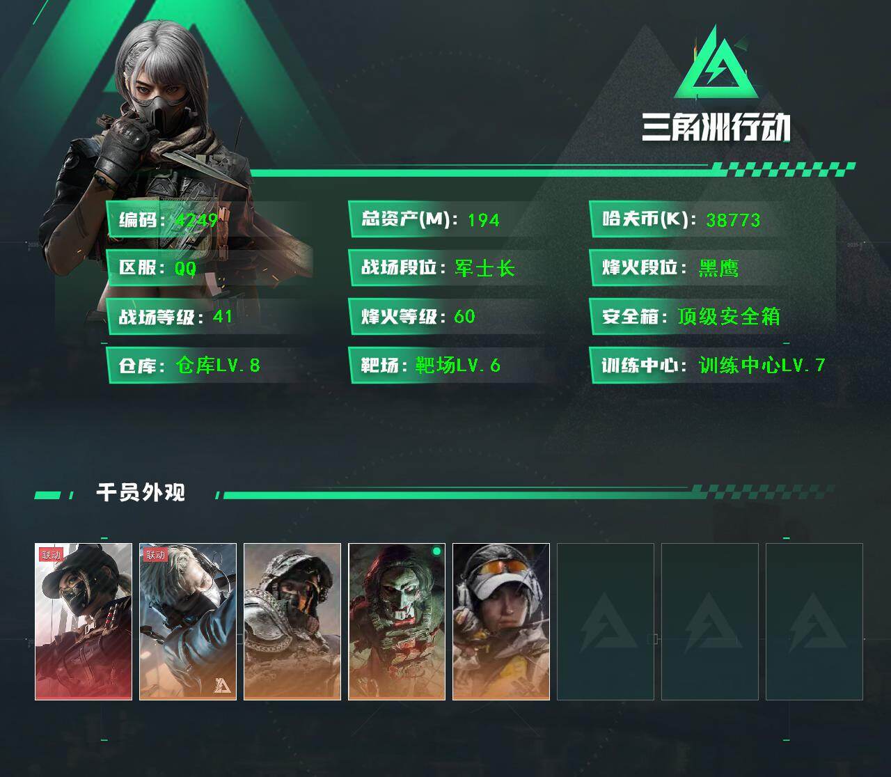 三角洲行动账号QQ总资产(M)：194M/哈夫币(K)：38773K/哈夫币(K)：38773K/传说枪皮数：24/全