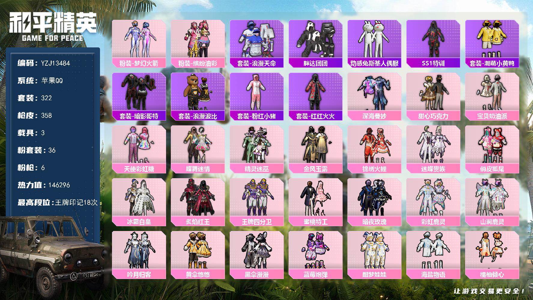 和平精英账号苹果QQYZJ13484-可二次-苹果Q-2稀有4载具36粉装6特效枪57热门322套装358枪皮 1462