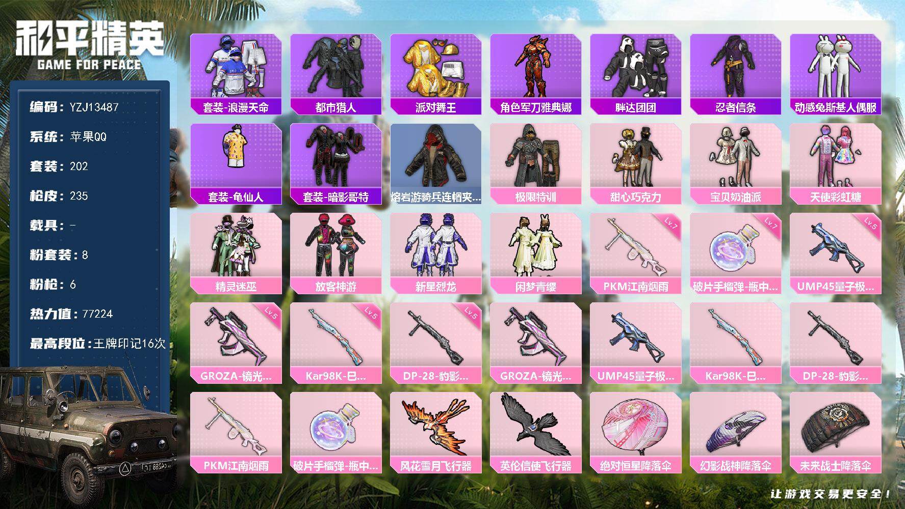 和平精英账号苹果QQ0载具-202套装-235枪皮-YZJ13487-可二次-苹果Q-5稀有8粉装6特效枪23热门202