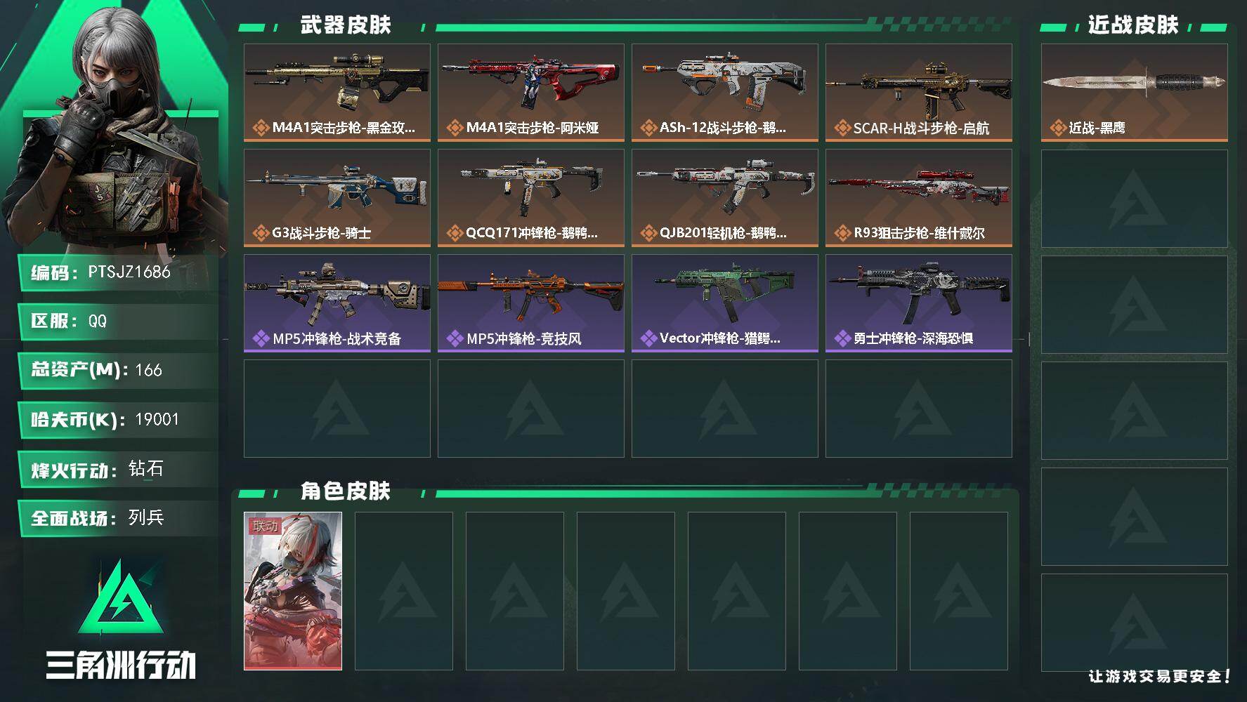 三角洲行动账号QQ【PTSJZ1686】总资产(M)：166M/哈夫币(K)：19001K/哈夫币(K)：19001K
