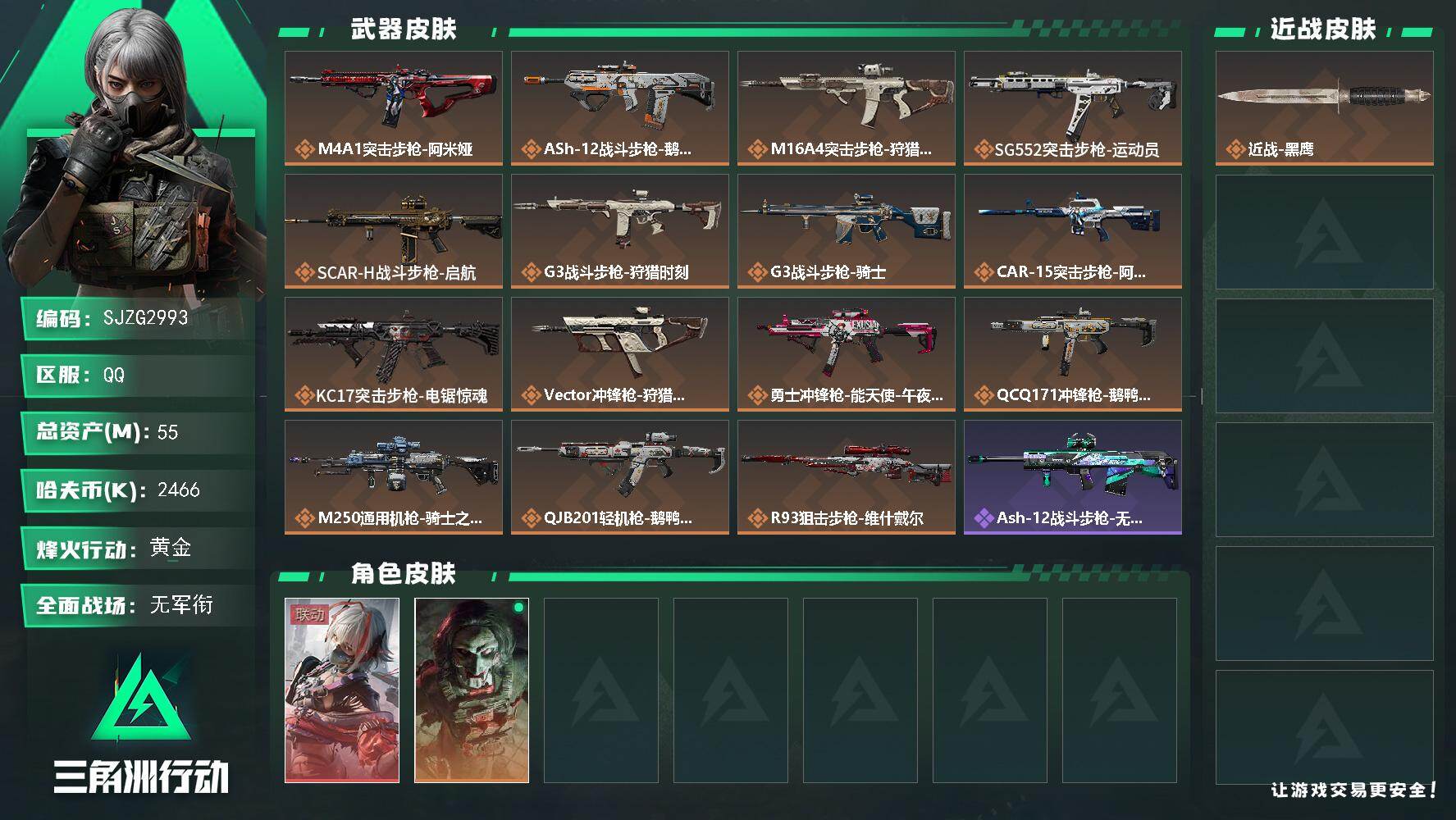三角洲行动账号QQ【SJZG2993】总资产(M)：55M/哈夫币(K)：2466K/哈夫币(K)：2466K/传说枪