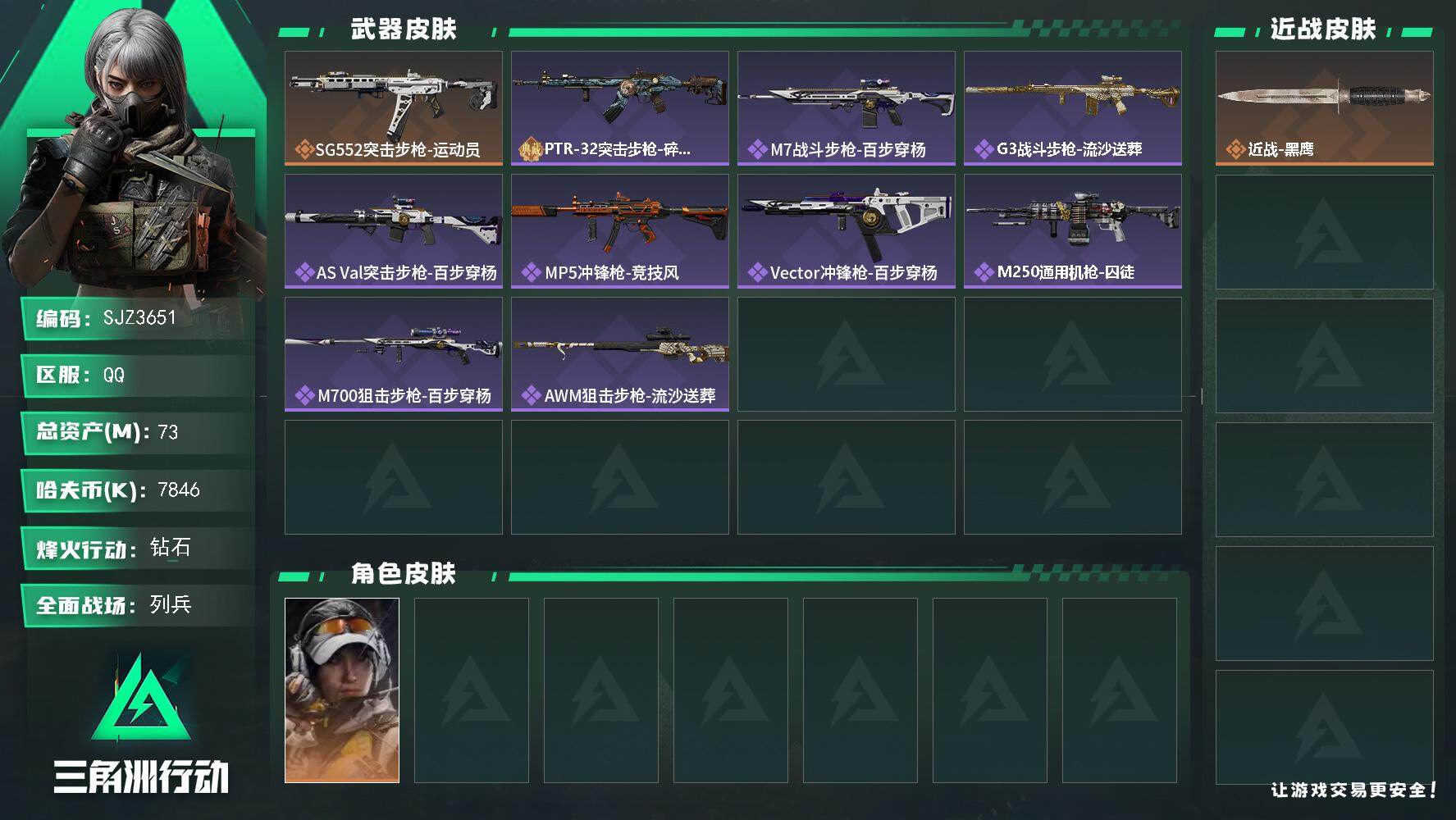 三角洲行动账号QQ【SJZ3651】总资产(M)：73M/哈夫币(K)：7846K/哈夫币(K)：7846K/传说枪皮数：1/全面战场等级：10_段位：列兵/烽火地带等级：60_段位：钻石/露娜-金牌射手/近战-黑鹰