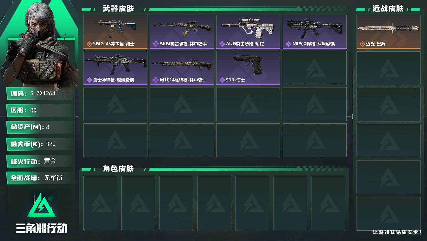 三角洲行动账号QQ【SJZX1264】总资产(M)：8M/哈夫币(K)：320K/哈夫币(K)：320K/传说枪皮数：1/全面战场等级：1_段位：无段位/烽火地带等级：47_段位：黄金/近战-黑鹰/SMG-45冲锋枪