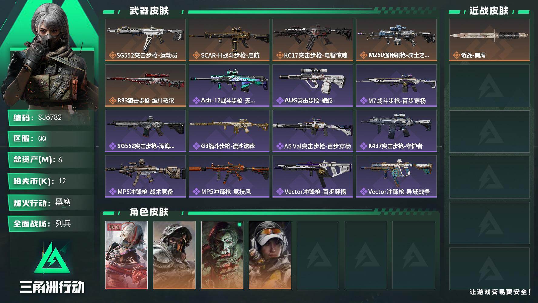 三角洲行动账号QQ【SJ6782】总资产(M)：6M/哈夫币(K)：12K/哈夫币(K)：12K/传说枪皮数：5/全面战场等级：11_段位：列兵/烽火地带等级：60_段位：黑鹰/骇爪-维什戴尔/深蓝-不破誓约/红狼-