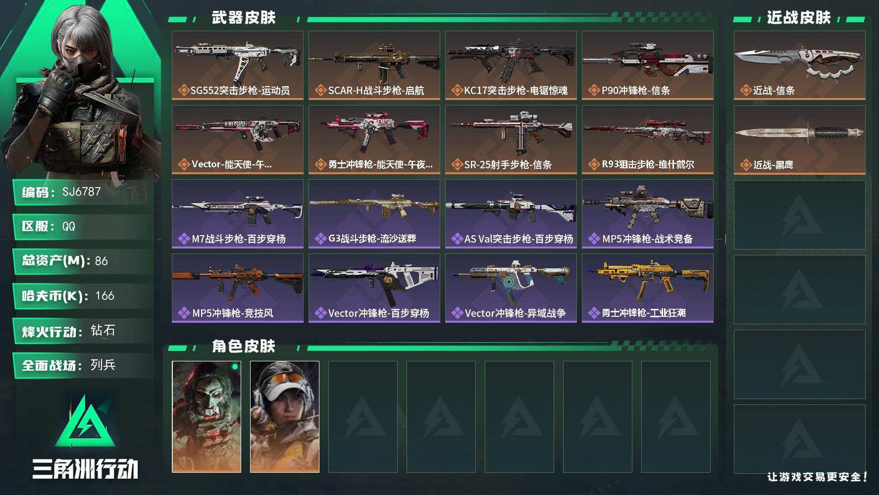三角洲行动账号QQ【SJ6787】总资产(M)：86M/哈夫币(K)：166K/哈夫币(K)：166K/传说枪皮数：8