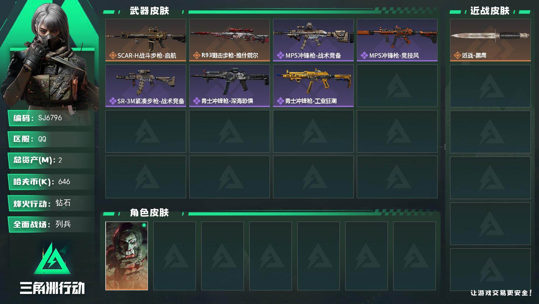 三角洲行动账号QQ【SJ6796】总资产(M)：2M/哈夫币(K)：646K/哈夫币(K)：646K/传说枪皮数：2/全面战场等级：11_段位：列兵/烽火地带等级：49_段位：钻石/红狼-电锯惊魂/近战-黑鹰/SCA