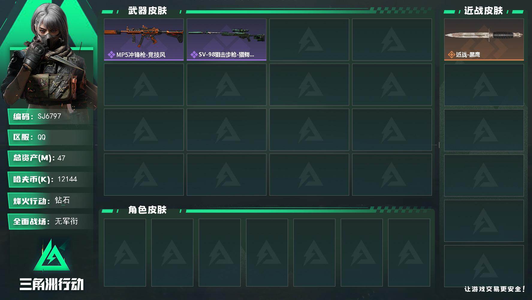 三角洲行动账号QQ【SJ6797】总资产(M)：47M/哈夫币(K)：12144K/哈夫币(K)：12144K/全面战场等级：1_段位：无段位/烽火地带等级：37_段位：钻石/近战-黑鹰/MP5冲锋枪-竞技风/SV-
