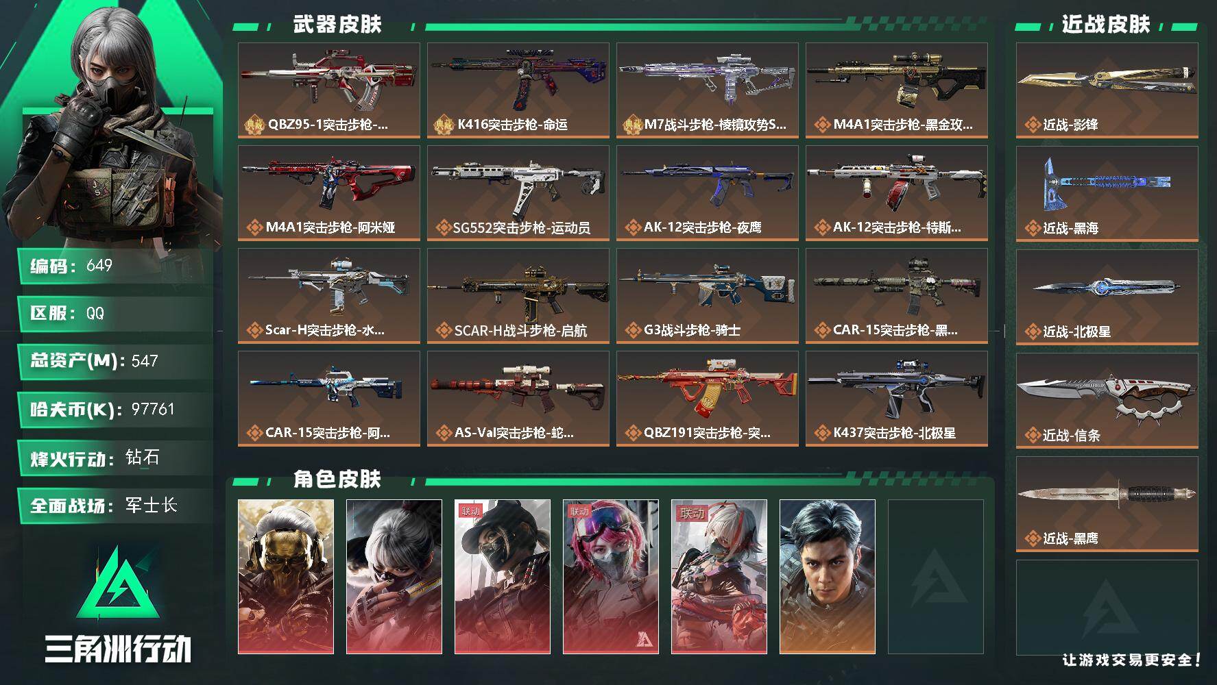 三角洲行动账号QQ547m总资产-97761k哈伏币-60烽火等级-钻石-50战场等级-军士长
【干员外观】：红狼-蚀