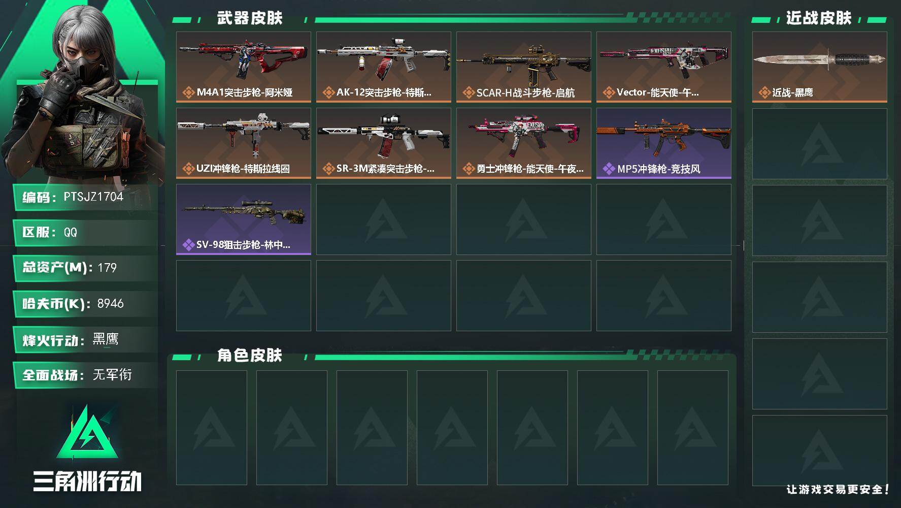 三角洲行动账号QQ【PTSJZ1704】总资产(M)：179M/哈夫币(K)：8946K/哈夫币(K)：8946K/传