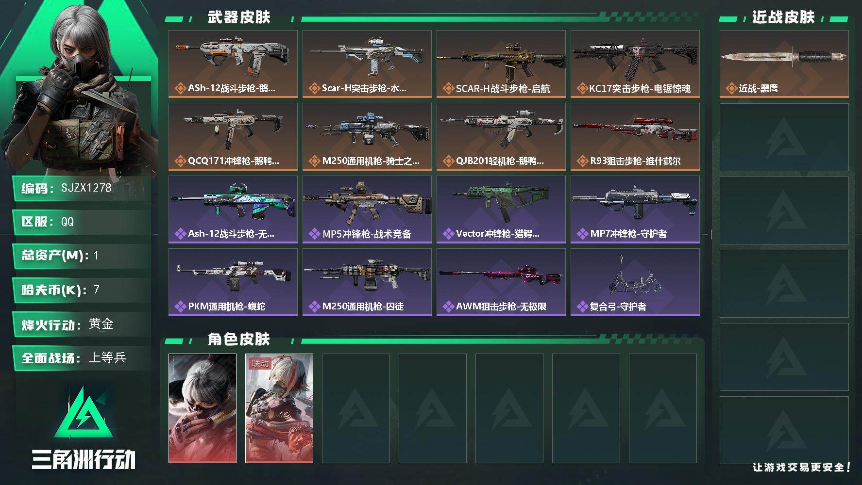 三角洲行动账号QQ【SJZX1278】总资产(M)：1M/哈夫币(K)：7K/哈夫币(K)：7K/传说枪皮数：8/全面