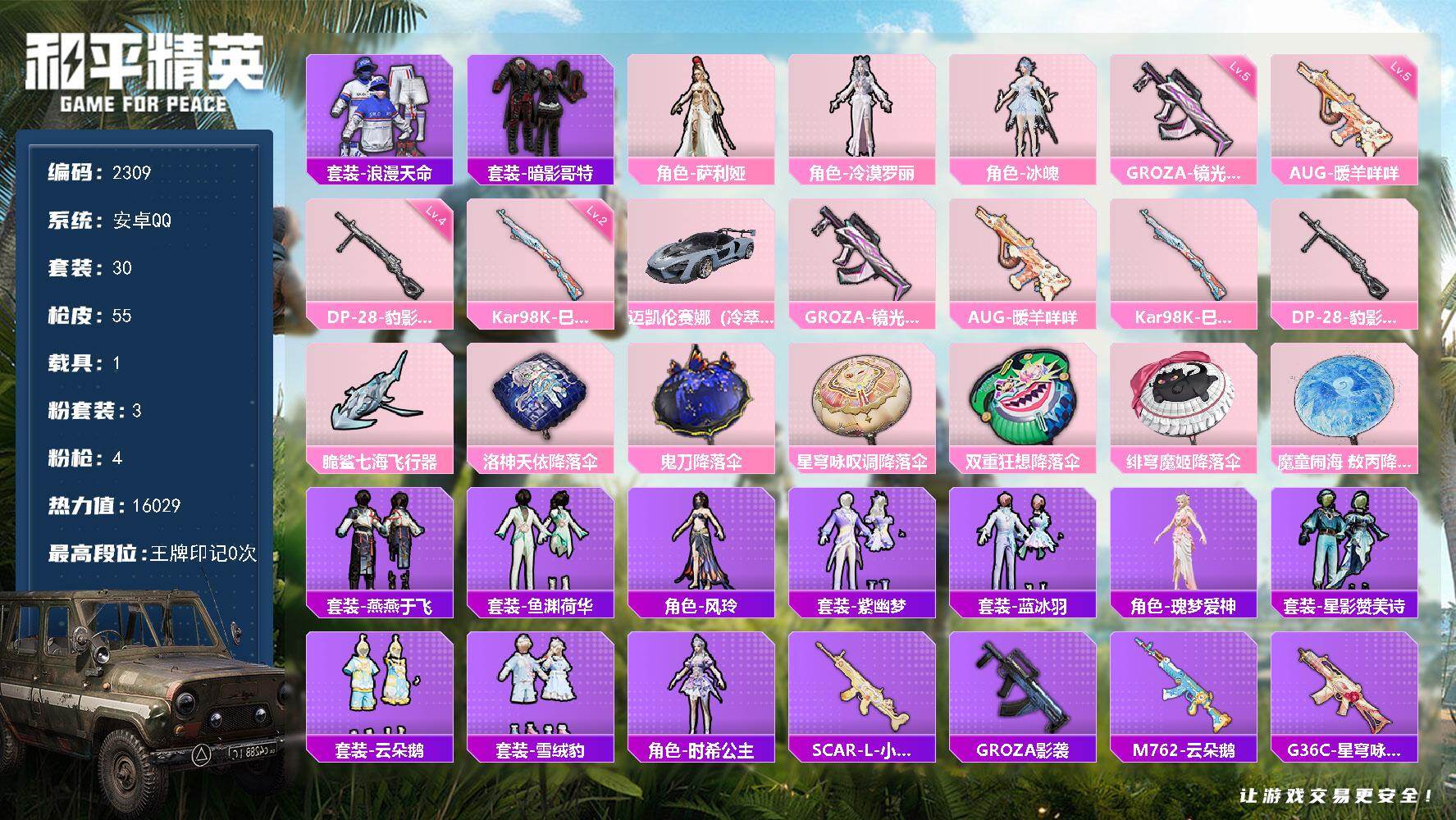 和平精英账号安卓QQ1载具-30套装-55枪皮-30套装/枪械4/装备68/载具1/战备43/热力值16029/五级GR