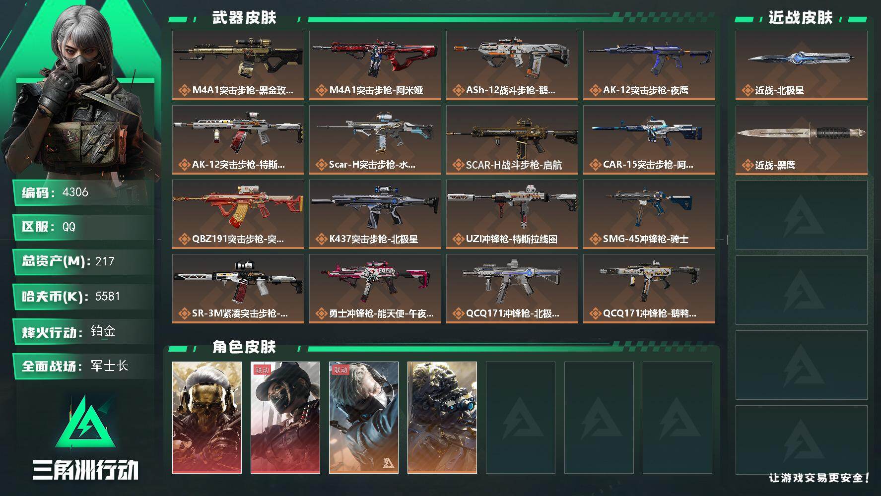 三角洲行动账号QQ总资产(M)：217M/哈夫币(K)：5581K/哈夫币(K)：5581K/传说枪皮数：22/全面战