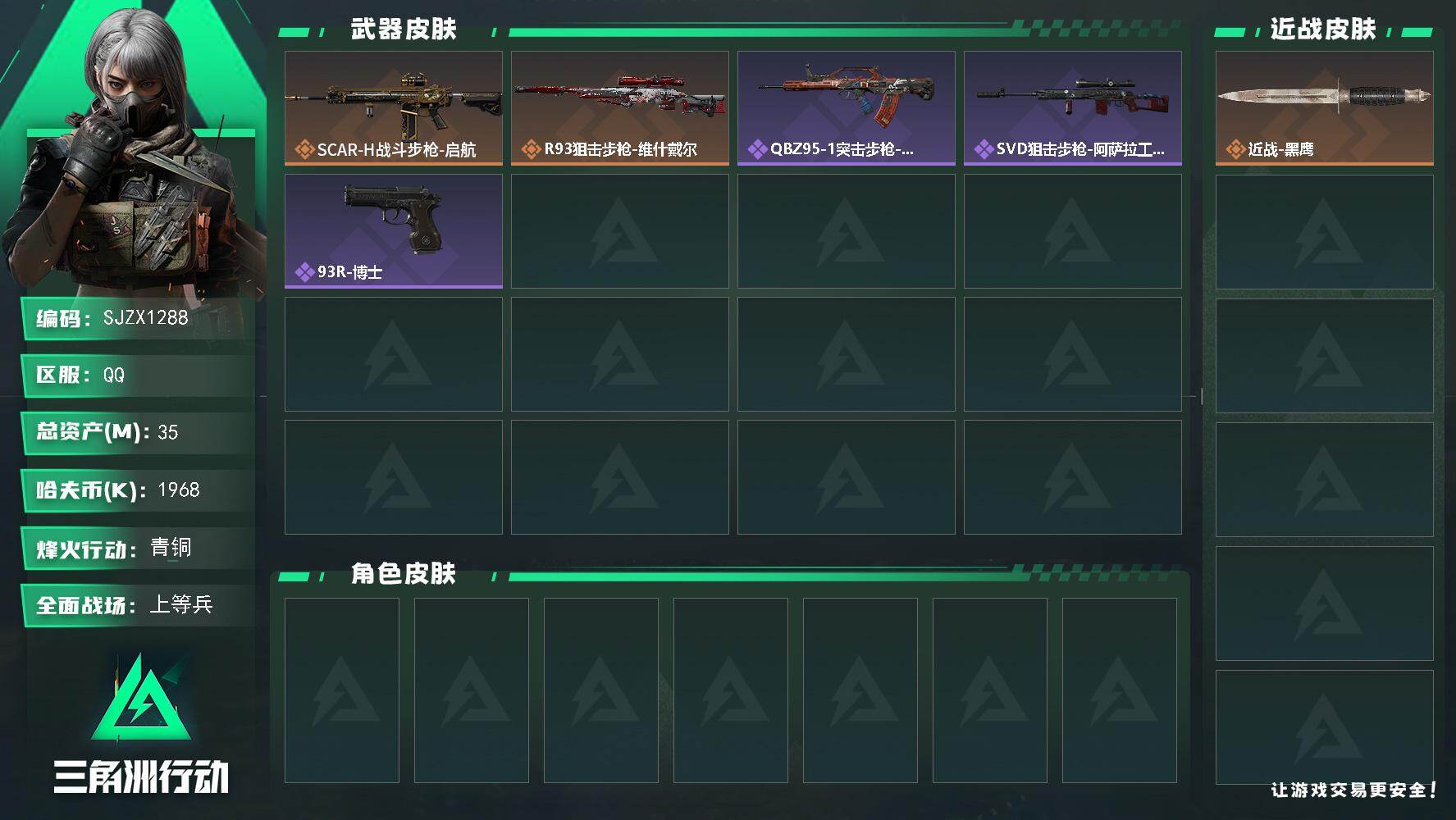 三角洲行动账号QQ【SJZX1288】总资产(M)：35M/哈夫币(K)：1968K/哈夫币(K)：1968K/传说枪皮数：2/全面战场等级：28_段位：上等兵/烽火地带等级：51_段位：青铜/近战-黑鹰/SCAR-