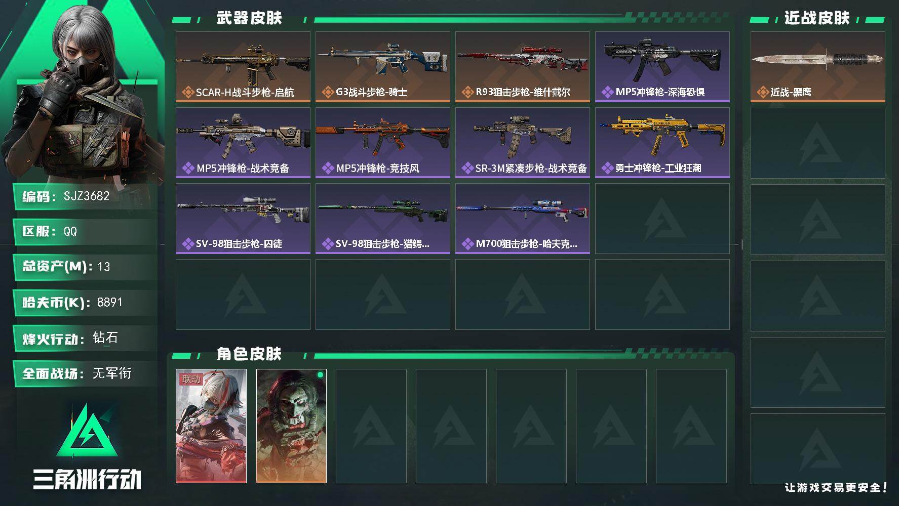三角洲行动账号QQ【SJZ3682】总资产(M)：13M/哈夫币(K)：8891K/哈夫币(K)：8891K/传说枪皮数：3/全面战场等级：1_段位：无段位/烽火地带等级：60_段位：钻石/骇爪-维什戴尔/红狼-电锯