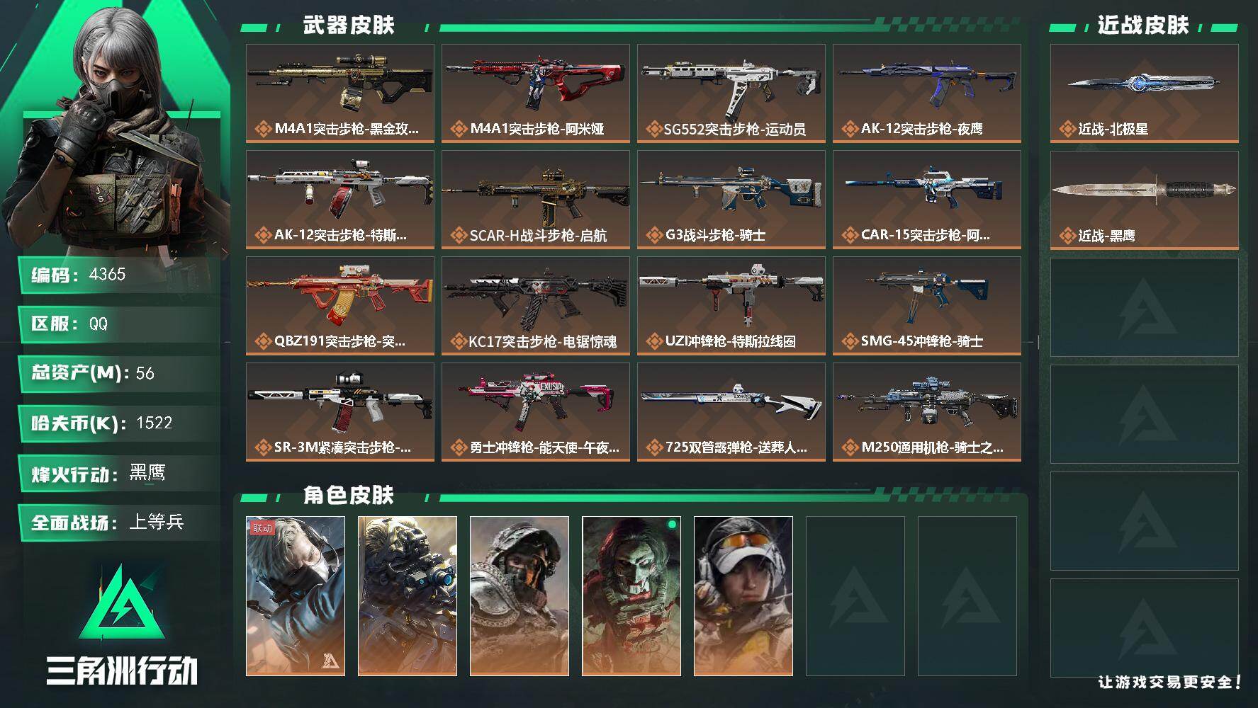 三角洲行动账号QQ总资产(M)：56M/哈夫币(K)：1522K/哈夫币(K)：1522K/传说枪皮数：19/全面战场