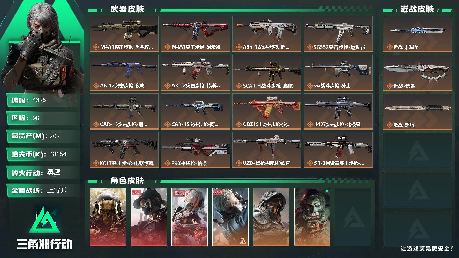 三角洲行动账号QQ总资产(M)：209M/哈夫币(K)：48154K/哈夫币(K)：48154K/传说枪皮数：28/全