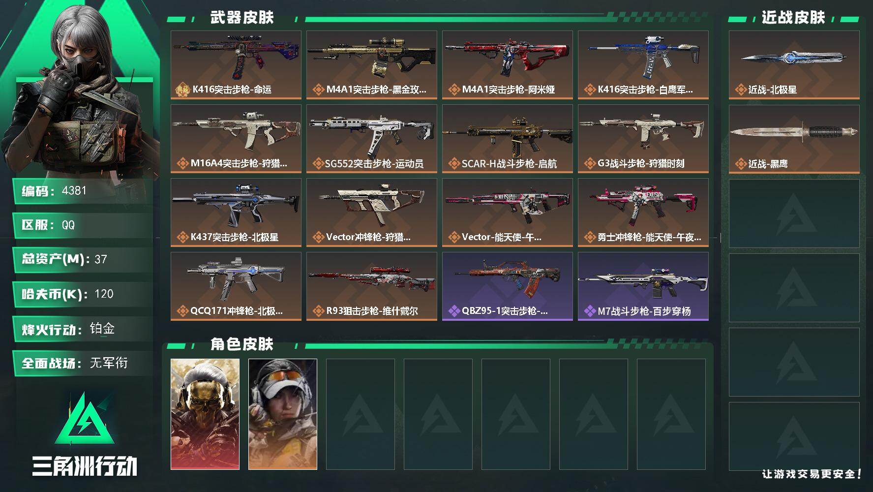 三角洲行动账号QQ总资产(M)：37M/哈夫币(K)：120K/哈夫币(K)：120K/传说枪皮数：14/全面战场等级
