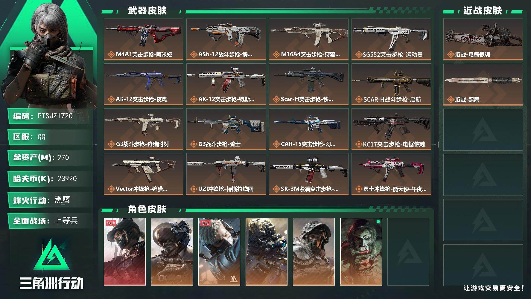 三角洲行动账号QQ【PTSJZ1720】总资产(M)：270M/哈夫币(K)：23920K/哈夫币(K)：23920K