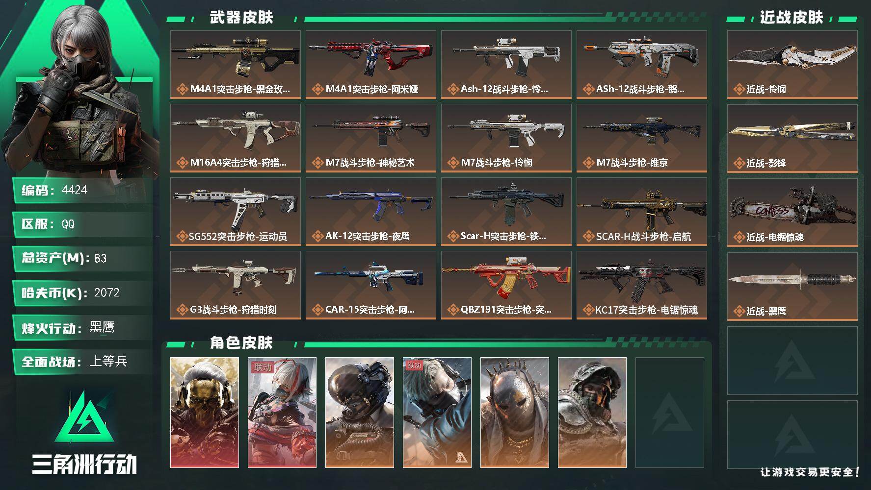 三角洲行动账号QQ总资产(M)：83M/哈夫币(K)：2072K/哈夫币(K)：2072K/传说枪皮数：31/全面战场